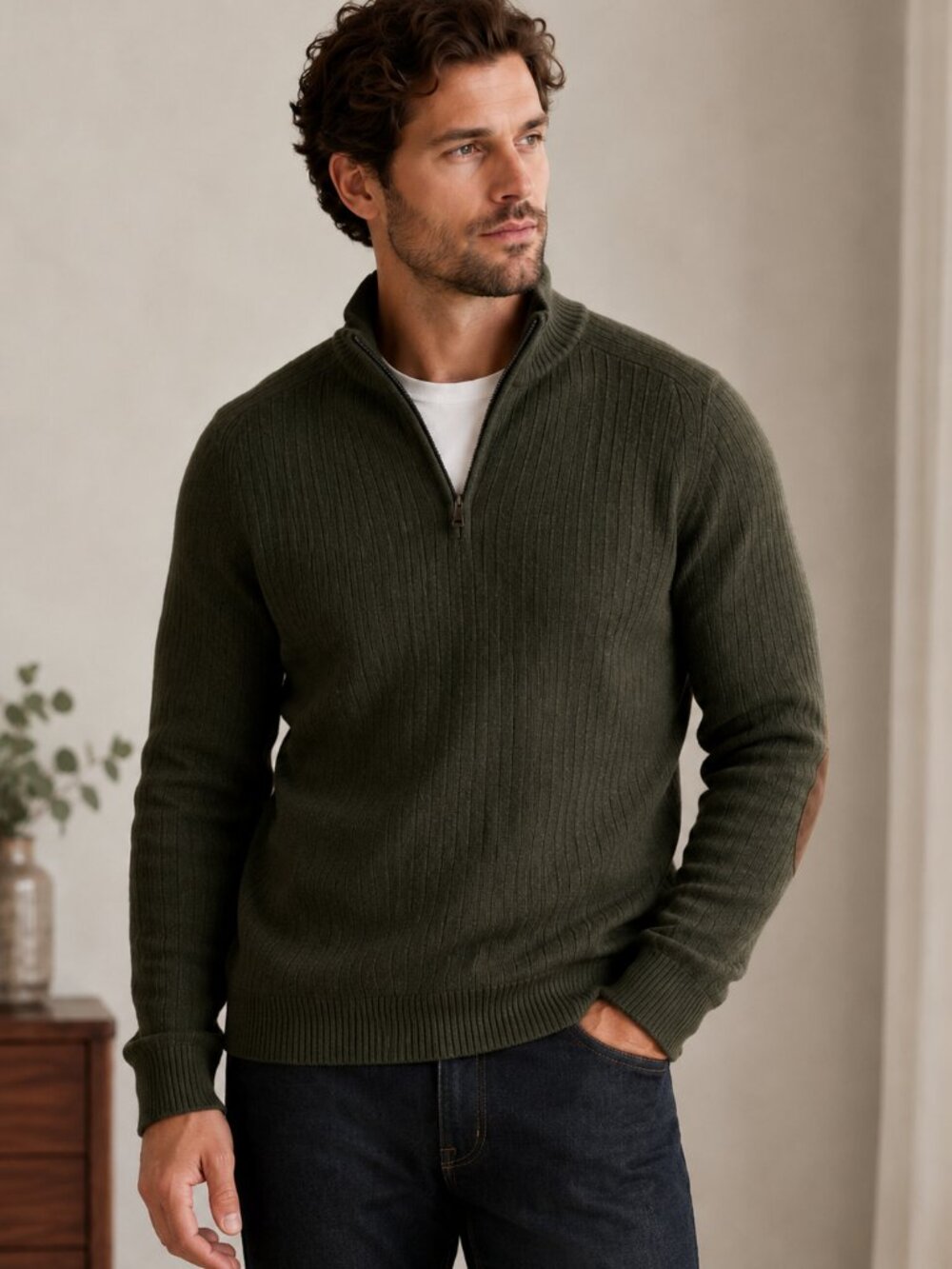 Banana Republic Lambswool Cashmere Olive Half Zip Mock Neck Sweater Mens LG